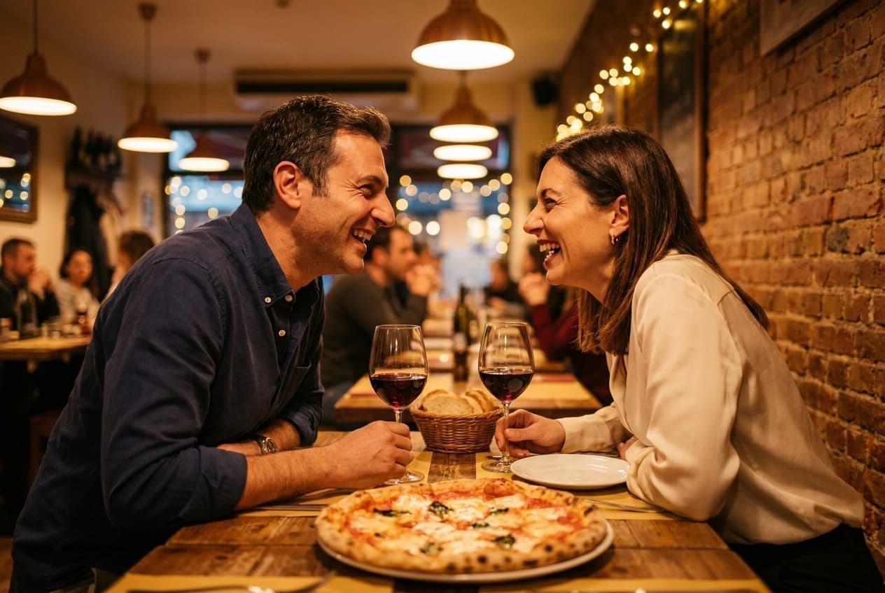 Marito e moglie quarantenni ridono insieme cenando con la pizza al sabato sera in pizzeria