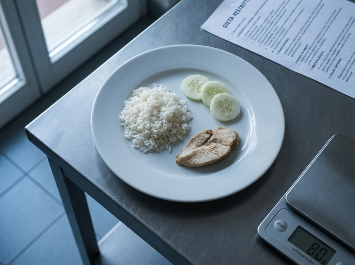 Piatto bianco con 80 grammi di riso pesati sulla bilancia, petto di pollo stopposo e fettine di cetriolo — la classica dieta restrittiva da nutrizionista
